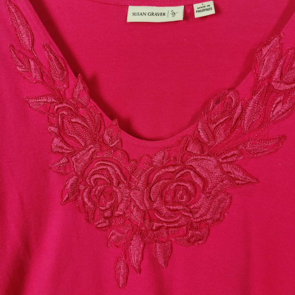 Susan Graver Womens Large Top Bright Pink‎ 3/4 Sleeve Embroidered Floral V-Neck - Picture 3 of 7